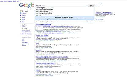Google Instant displays search results as queries are typed
