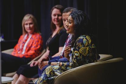 At a Microsoft Women in Technology forum: Donna Wright, Business Planning Director – Microsoft; Sonia Cuff, Technology Consultant; Damian Sharkey, Workstream Director - Westpac NZ; and Nuwanthi Samarakone, CEO - ICE Professionals.