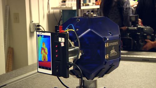 A Google Project Tango cellphone is attached to a NASA Spheres robotic testbed at Ames Research Center in Mountain View, California, on March 17,
