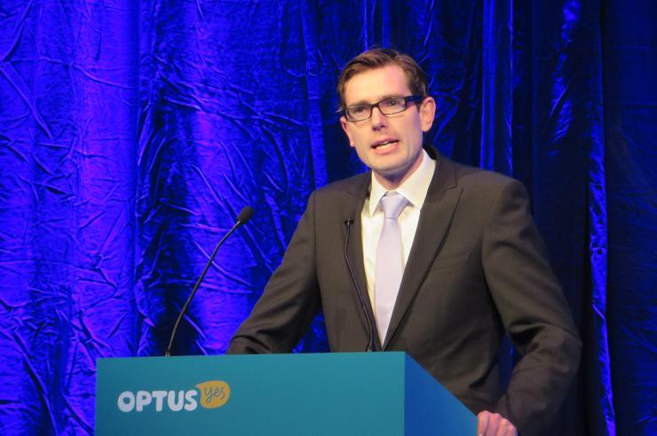 NSW Minister for finance and services, Dominic Perrottet, addresses Optus Vision.