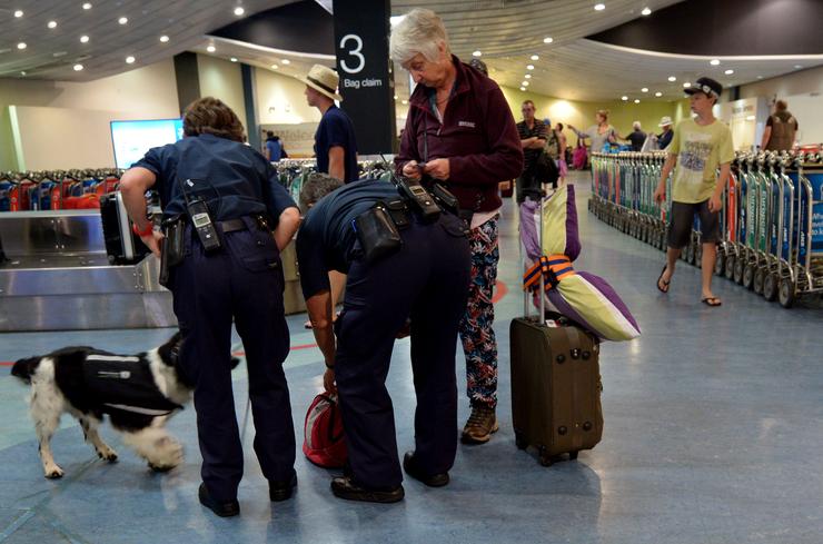 Biosecurity officers with sniffer dog on duty at the airport