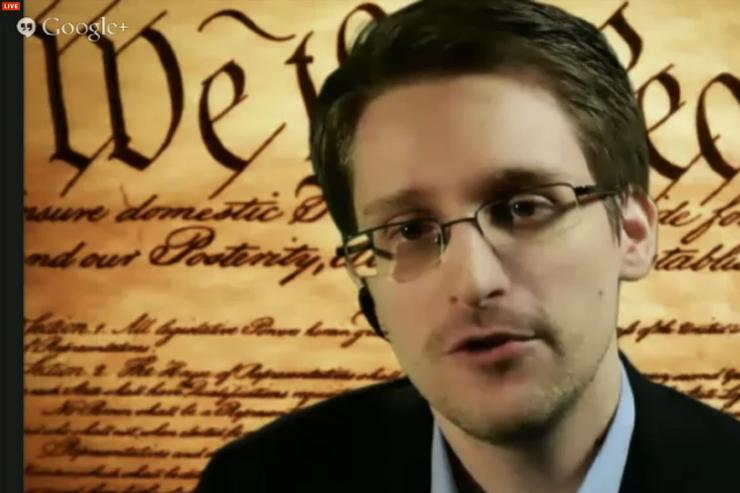 Edward Snowden speaks via video link to the SXSW conference on March 10, 2014.