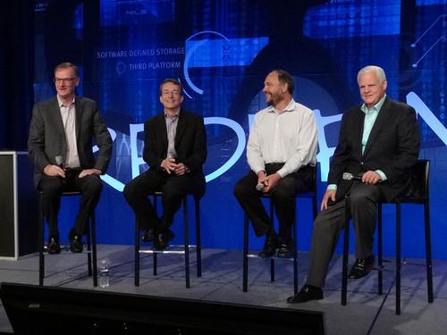 EMC executives at EMC World 2014 on Tuesday. From left, EMC Information Infrastructure CEO David Goulden, VMware CEO Pat Gelsinger, Pivotal CEO Paul Maritz, and EMC Chairman and CEO Joe Tucci.