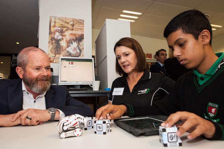 P-TECH launches in NZ: IBM NZ managing director Mike Smith and Michelle Anderson, chief digital officer at The Warehouse Group with a student at Aorere College