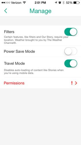  On the Manage page, turn on Travel Mode to stop content from auto-loading when you're connected to the mobile networks, as opposed to your home Wi-Fi, for example.