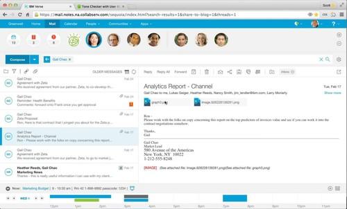 IBM Verse is a new interface for email. Among its highlights are a side-scrolling calendar view at the bottom, and a quick contacts zone at the top with, to the left, the user's favorites and, to the right, contacts Verse considers important.
