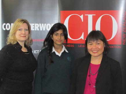 Jennie Vickers of Zeopard Law and Shaan Kaloti of Pakuranga College visit the office of CIO New Zealand as part of 'Shadow IT Day'.