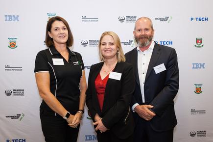 Michelle Anderson of The Warehouse Group with Katrina Troughton and Mike Smith during the launch of P-TECH in New Zealand 