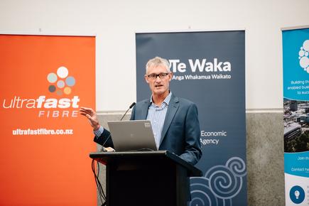NZTech chief executive Graeme Muller says Techweek is running in every single region in New Zealand. Michael Bassett-Foss CEO at Te Waka: Waikato’s Economic Development Agency welcomes attendees at the Techweek19 Waikato Launch. (Photo courtesy of Black Robin Photography)