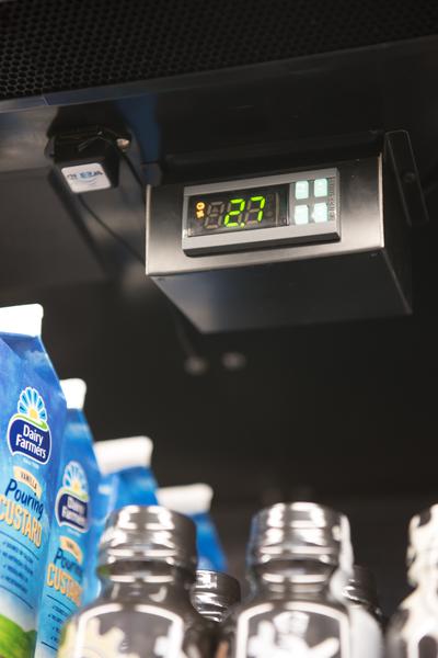A sensor monitoring the temperature of the fridge