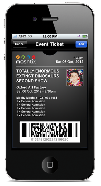 A mockup of a Moshtix ticket on the Passbook app.