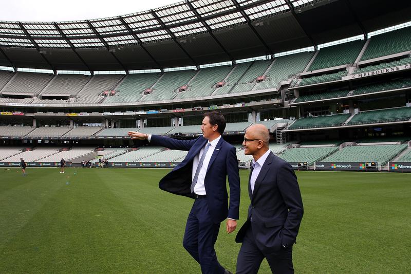 Satya Nadella with Cricket Australia CEO James Sutherland at the Melbourne Cricket Ground